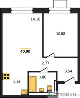Планировка однокомнатной(квартира) площадью 40.9 квадратных метров в “ЖК Квартал Западный”