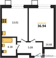 Планировка однокомнатной(квартира) площадью 36.94 квадратных метров в “ЖК Бархат”