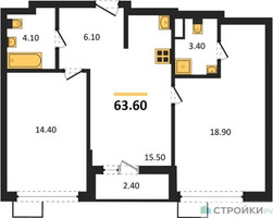 Планировка двухкомнатной(квартира) площадью 63.6 квадратных метров в “ЖК Прокшино”