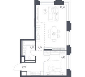 Планировка однокомнатной(квартира) площадью 49.56 квадратных метров в ЖК “ЖК Верейская 41”
