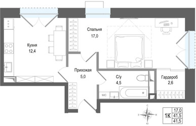 Планировка однокомнатной(квартира) площадью 41.5 квадратных метров в ЖК “ЖК КИНОКВАРТАЛ”