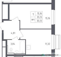 Планировка однокомнатной(квартира) площадью 35.13 квадратных метров в “ЖК Рублевский Квартал”