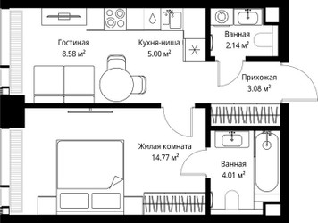 Планировка однокомнатной(квартира) площадью 37.58 квадратных метров в ЖК “ЖК Веер”