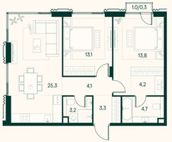 Планировка двухкомнатной(квартира) площадью 72 квадратных метров в “ЖК Клубный город на реке Primavera (Примавера)”