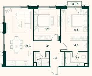 Планировка двухкомнатной(квартира) площадью 72 квадратных метров в ЖК “ЖК Клубный город на реке Primavera (Примавера)”