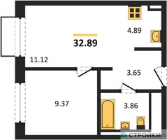 Планировка однокомнатной(квартира) площадью 32.89 квадратных метров в “ЖК Квартал Марьино”