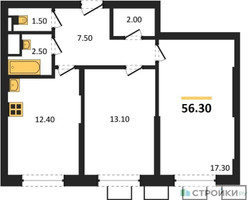 Планировка двухкомнатной(квартира) площадью 56.3 квадратных метров в “ЖК Видный берег 2”