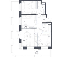 Планировка трехкомнатной(квартира) площадью 74.33 квадратных метров в “ЖК Верейская 41”