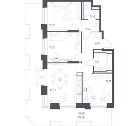 Планировка трехкомнатной(квартира) площадью 74.33 квадратных метров в ЖК “ЖК Верейская 41”