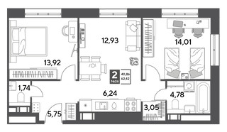 Планировка двухкомнатной(квартира) площадью 62.42 квадратных метров в “ЖК Публицист”
