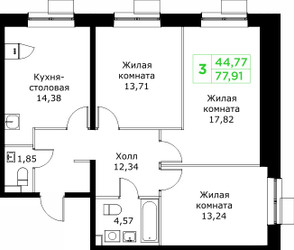Планировка трехкомнатной(квартира) площадью 77.91 квадратных метров в ЖК “ЖК КИТ 2”