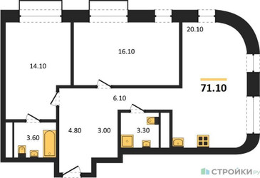 Планировка двухкомнатной(квартира) площадью 71.1 квадратных метров в ЖК “ЖК Шагал”