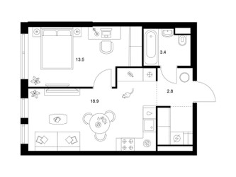 Планировка однокомнатной(квартира) площадью 41.4 квадратных метров в ЖК “ЖК Строгино 360”