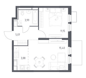 Планировка однокомнатной(квартира) площадью 39.49 квадратных метров в ЖК “ЖК Большое Путилково”