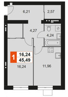 Планировка однокомнатной(квартира) площадью 45.49 квадратных метров в “Мартемьяново Клаб”