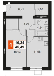 Планировка однокомнатной(квартира) площадью 45.49 квадратных метров в ЖК “Мартемьяново Клаб”
