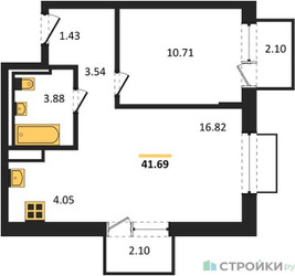 Планировка однокомнатной(квартира) площадью 41.69 квадратных метров в ЖК “ЖК Томилино Парк”