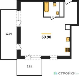 Планировка однокомнатной(апартаменты) площадью 60.9 квадратных метров в “ЖК ФизтехСити”