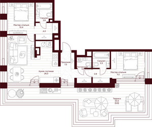 Планировка двухкомнатной(квартира) площадью 80.4 квадратных метров в ЖК “ЖК Дом 7 Даниловский”