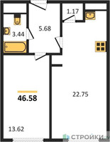Планировка однокомнатной(апартаменты) площадью 46.58 квадратных метров в “ЖК Пятницкое 58 (Перец)”