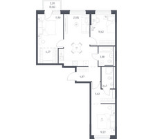 Планировка трехкомнатной(квартира) площадью 77.36 квадратных метров в “ЖК Квартал Ивакино”