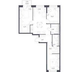 Планировка трехкомнатной(квартира) площадью 77.36 квадратных метров в ЖК “ЖК Квартал Ивакино”