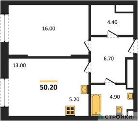 Планировка однокомнатной(квартира) площадью 50.2 квадратных метров в ЖК “ЖК Детали”