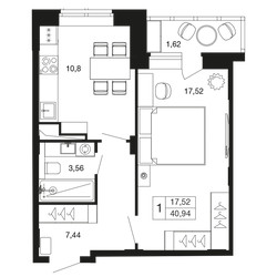 Планировка однокомнатной(квартира) площадью 40.9 квадратных метров в ЖК “ЖК Времена года”