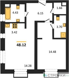 Планировка однокомнатной(апартаменты) площадью 48.12 квадратных метров в ЖК “ЖК N’ICE LOFT (Найс Лофт)”