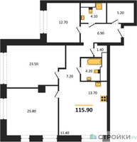 Планировка трехкомнатной(квартира) площадью 115.9 квадратных метров в “ЖК AFI Tower (Афи Тауэр)”
