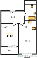 Планировка однокомнатной(квартира) площадью 43 квадратных метров в “ЖК Одинград. Квартал Семейный”