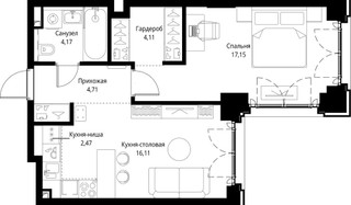 Планировка однокомнатной(квартира) площадью 48.72 квадратных метров в “ЖК Сити Бэй”
