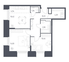 Планировка двухкомнатной(апартаменты) площадью 59.79 квадратных метров в ЖК “ЖК Скай Спутник”