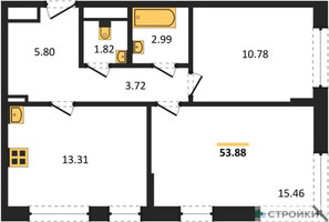 Планировка двухкомнатной(квартира) площадью 53.88 квадратных метров в “ЖК Новое Внуково”