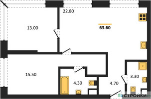 Планировка двухкомнатной(квартира) площадью 63.6 квадратных метров в “ЖК SOUL (СОУЛ)”