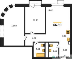 Планировка двухкомнатной(квартира) площадью 66.9 квадратных метров в “ЖК UNO Соколиная гора”