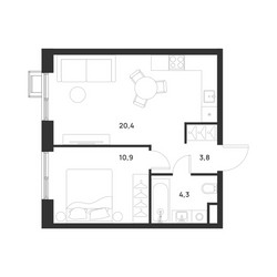 Планировка однокомнатной(квартира) площадью 39.4 квадратных метров в ЖК “ЖК Форевиль”