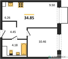 Планировка однокомнатной(квартира) площадью 34.85 квадратных метров в “ЖК Томилино Парк”