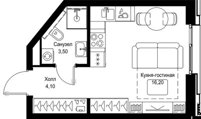 Планировка студии(квартира) площадью 23.8 квадратных метров в ЖК “Мультиквартал СИТИДЗЕН”