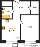 Планировка однокомнатной(квартира) площадью 37.74 квадратных метров в “ЖК Апарт-отель Тропарево парк”
