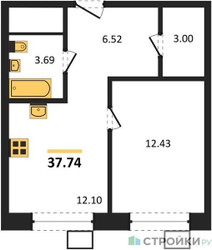 Планировка однокомнатной(квартира) площадью 37.74 квадратных метров в ЖК “ЖК Апарт-отель Тропарево парк”