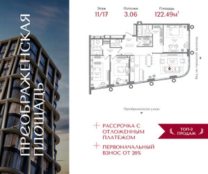 Планировка трехкомнатной(квартира) площадью 122.49 квадратных метров в ЖК “ЖК Преображенская Площадь”