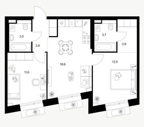 Планировка двухкомнатной(квартира) площадью 58.1 квадратных метров в ЖК “ЖК Саларьево парк”