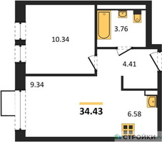 Планировка однокомнатной(квартира) площадью 34.43 квадратных метров в “ЖК Квартал Ивакино”