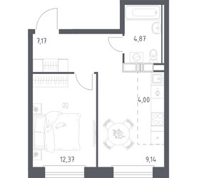 Планировка однокомнатной(квартира) площадью 37.55 квадратных метров в ЖК “ЖК ЭкоБунино (Южное Бунино)”