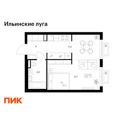 Планировка однокомнатной(квартира) площадью 33.5 квадратных метров в ЖК “ЖК Ильинские луга”