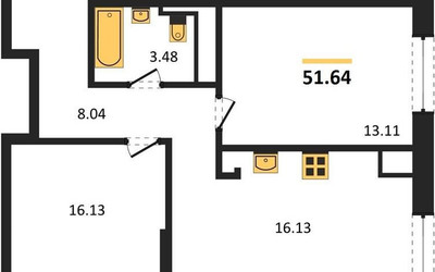 Планировка двухкомнатной(квартира) площадью 51.4 квадратных метров в ЖК “ЖК Clementine (Клементин)”