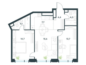 Планировка трехкомнатной(квартира) площадью 64.2 квадратных метров в ЖК “ЖК Level Академическая”