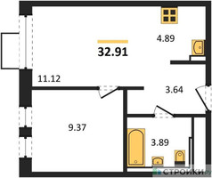 Планировка однокомнатной(квартира) площадью 32.91 квадратных метров в “ЖК Квартал Ивакино”