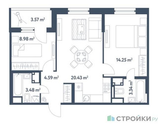 Планировка двухкомнатной(квартира) площадью 56.86 квадратных метров в ЖК “ЖК Светлый мир Станция Л”